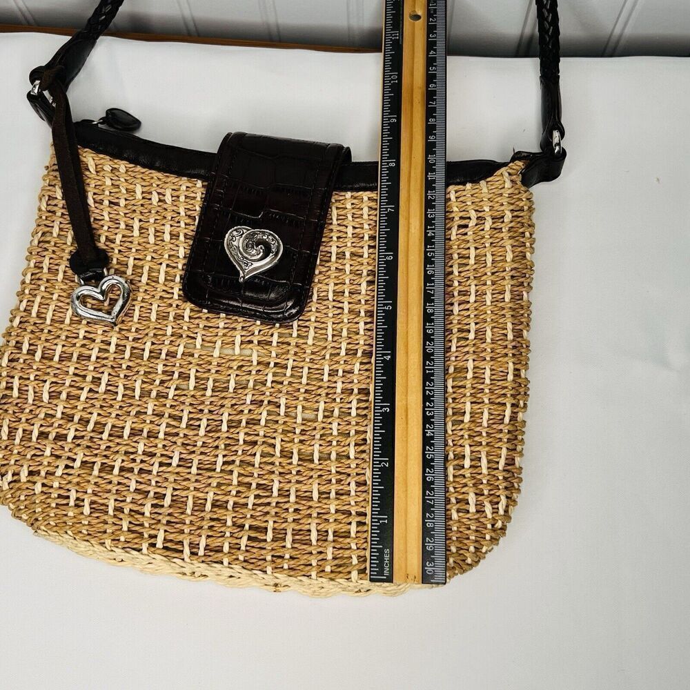 Brighton Jute Raffia Woven Shoulder Bag Brown Leather Woven Handles Heart Charm - Picture 9 of 10